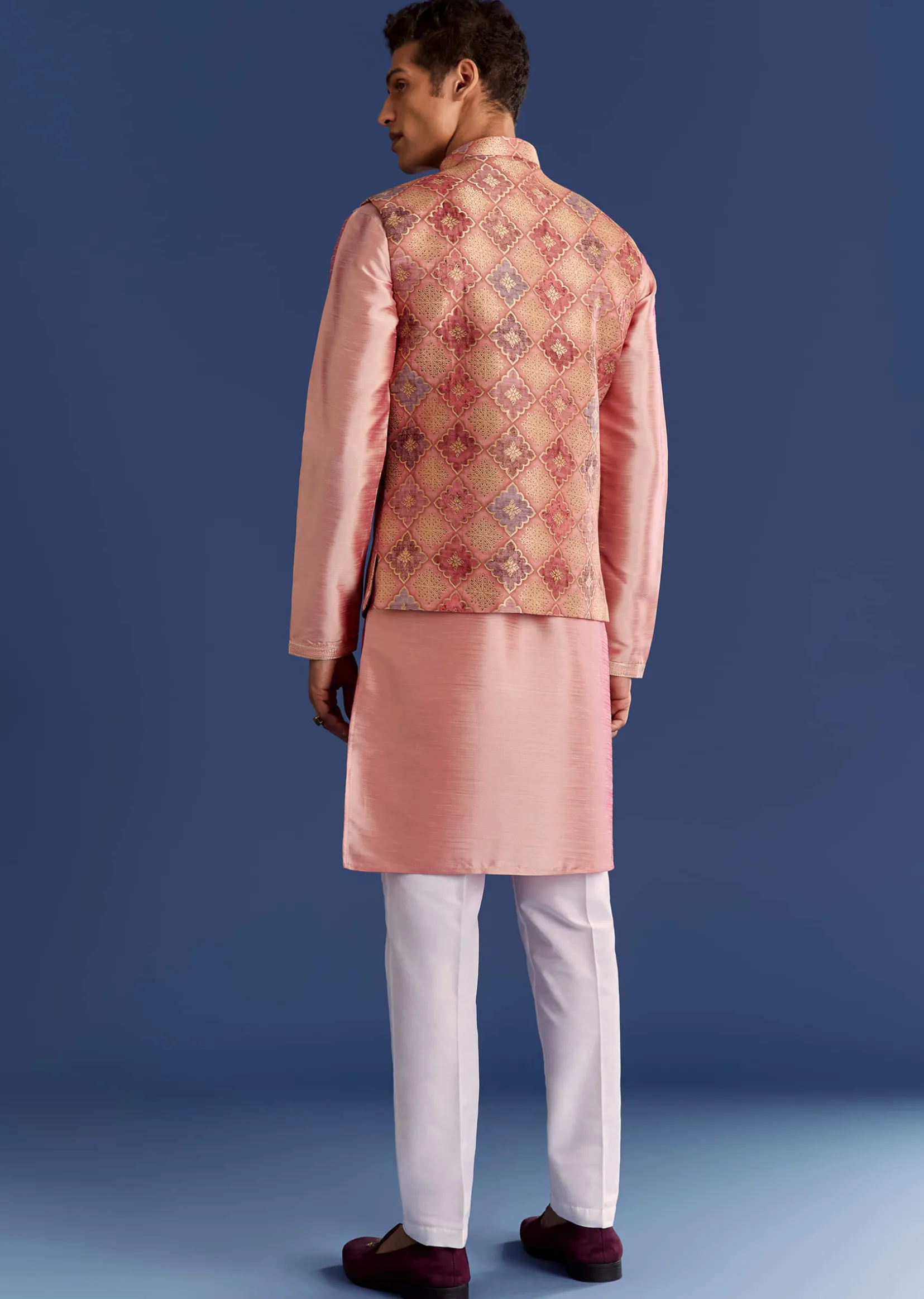 Peach Brocade Kurta Jacket Set With Geometric Print