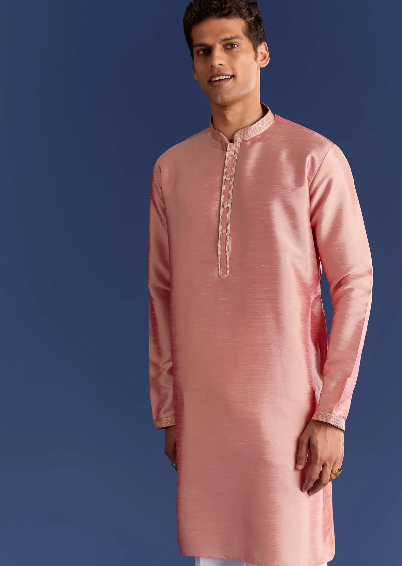 Peach Brocade Kurta Jacket Set With Geometric Print