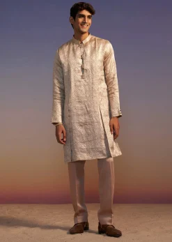 Peach Brocade Kurta Set With Self Work