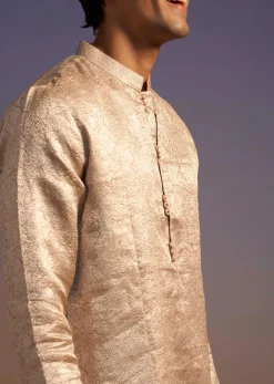Peach Brocade Kurta Set With Self Work