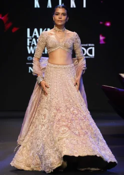 Peach Chanderi Brocade Embroidered Bridal Lehenga With Two Dupattas