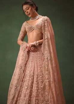 Peach Chanderi Brocade Embroidered Bridal Lehenga With Two Dupattas