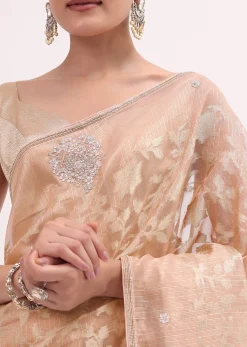 Peach Chanderi Saree With Unstitched Blouse