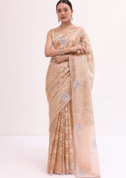 Peach Chanderi Saree With Unstitched Blouse