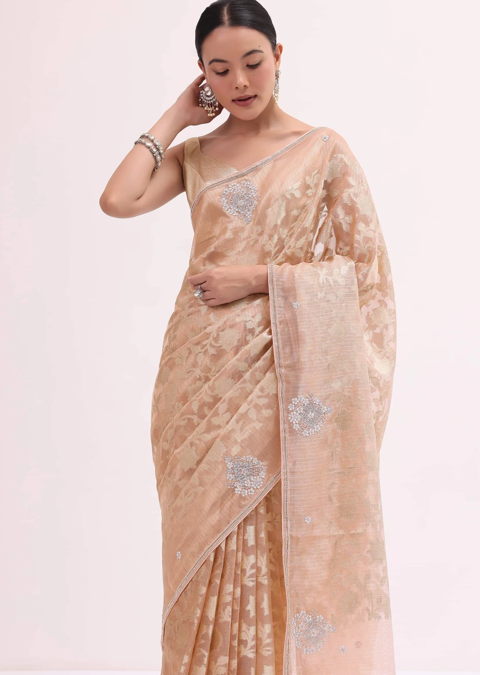 Peach Chanderi Saree With Unstitched Blouse