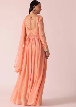 Peach Chiffon Embroidered Anarkali With Dupatta