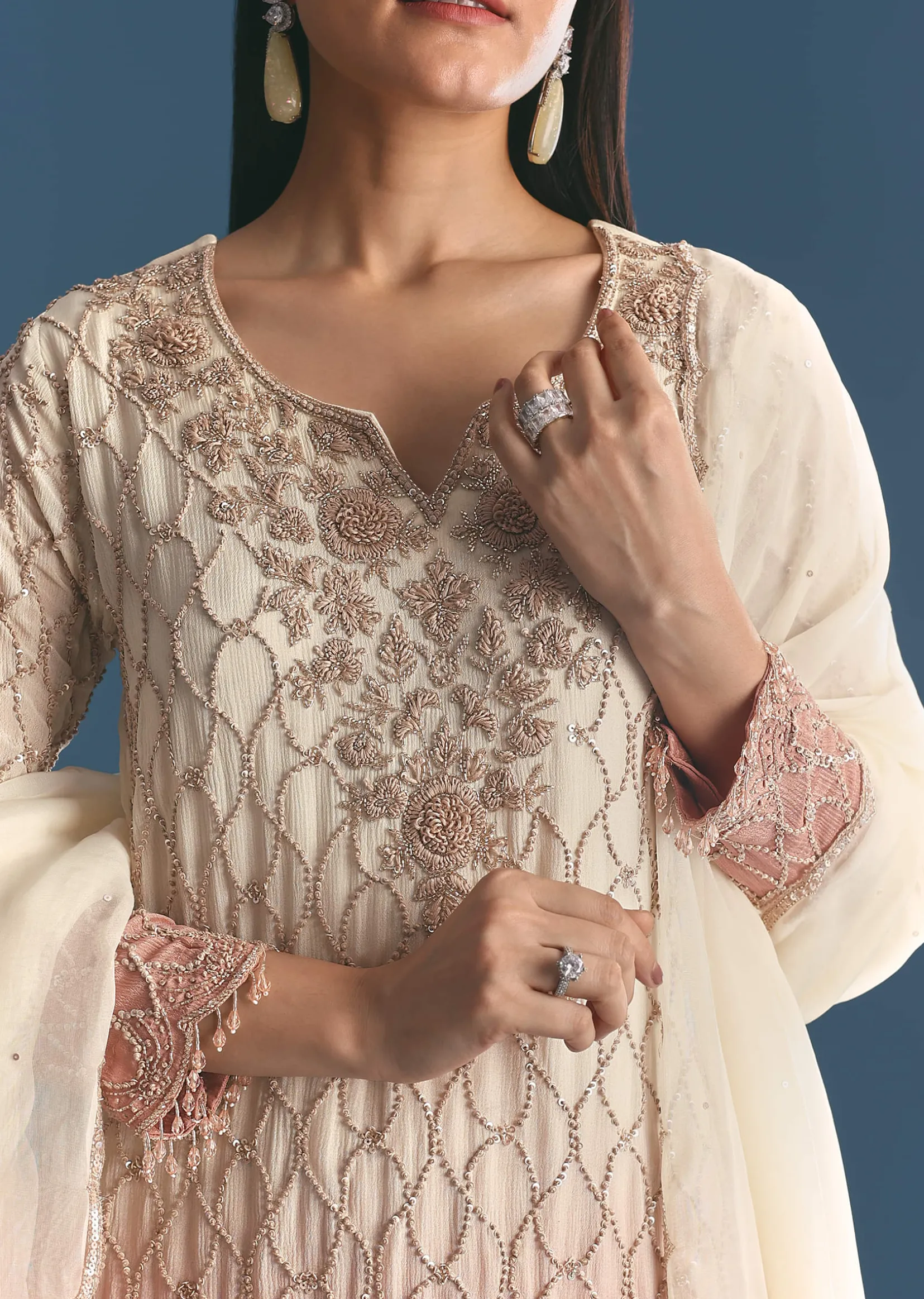 Peach Chinon Ombre Kurta Palazzo Suit With Sequins Threadwork