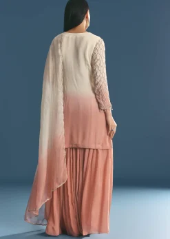 Peach Chinon Ombre Kurta Palazzo Suit With Sequins Threadwork