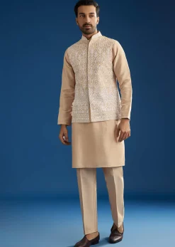 Peach Cotton Silk Jacket Kurta Set With Mirror And Dori Work