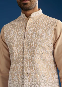 Peach Cotton Silk Jacket Kurta Set With Mirror And Dori Work