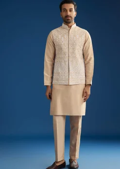 Peach Cotton Silk Jacket Kurta Set With Mirror And Dori Work