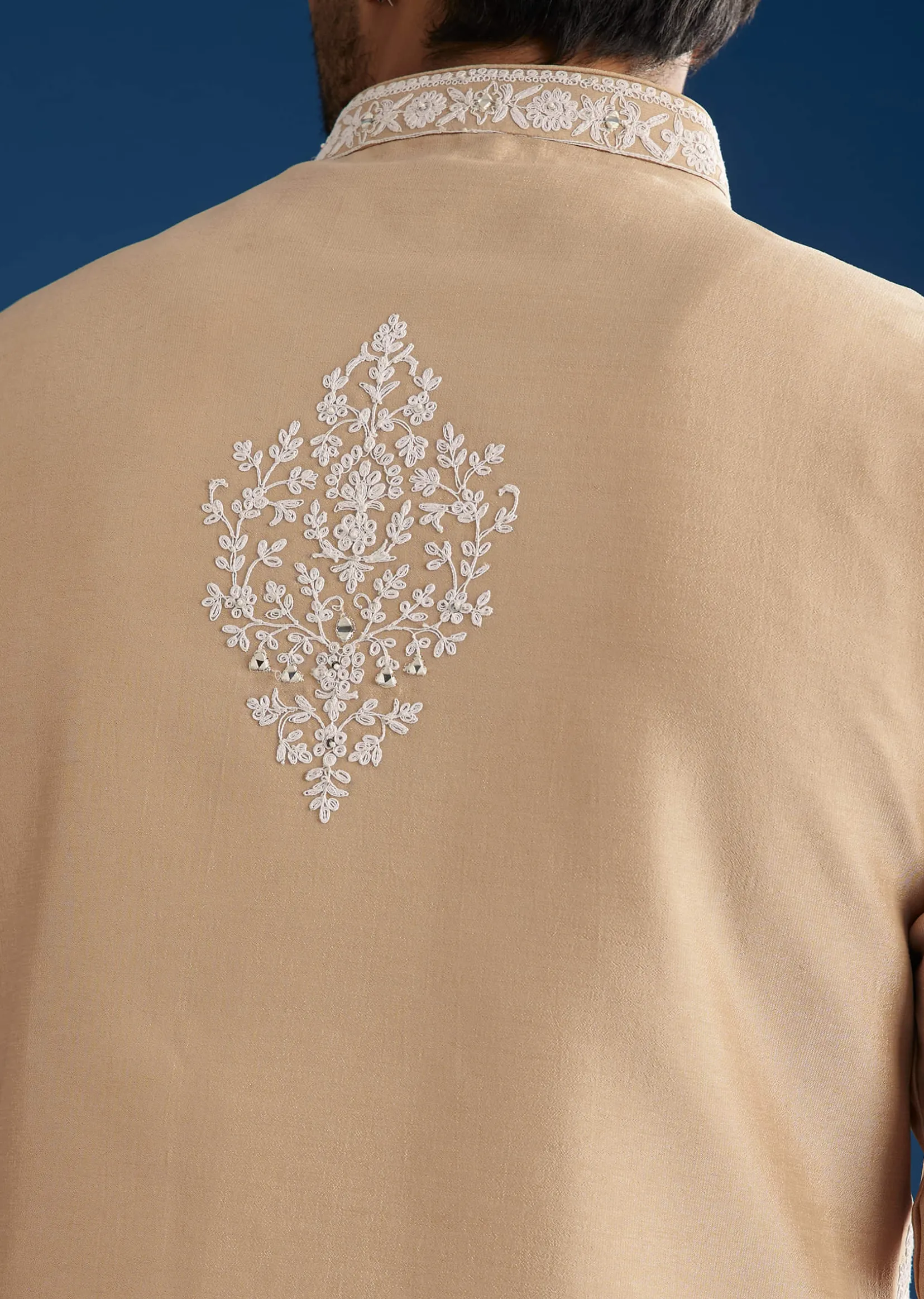 Peach Cotton Silk Jacket Kurta Set With Mirror And Dori Work