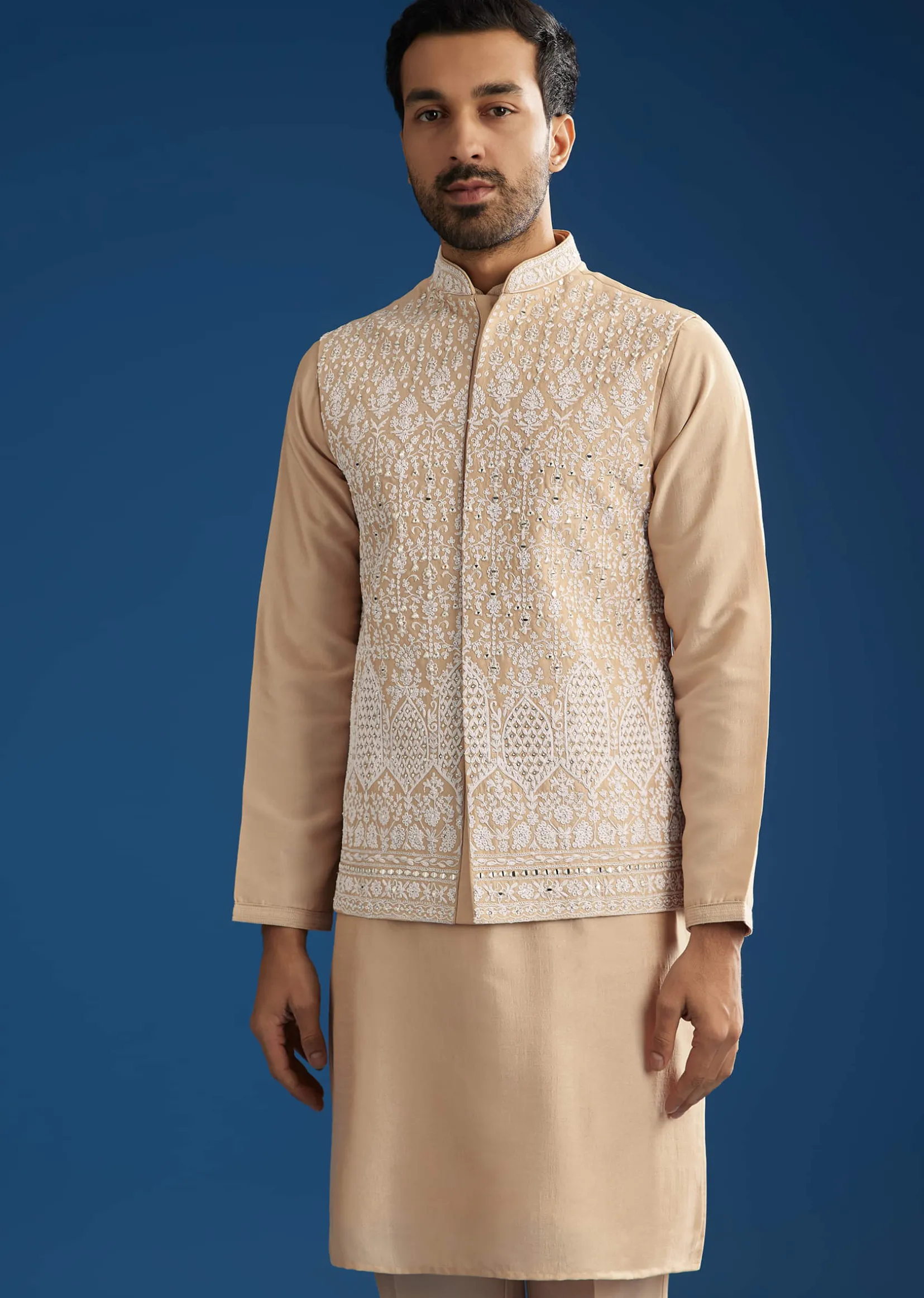 Peach Cotton Silk Jacket Kurta Set With Mirror And Dori Work