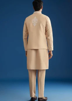 Peach Cotton Silk Jacket Kurta Set With Mirror And Dori Work