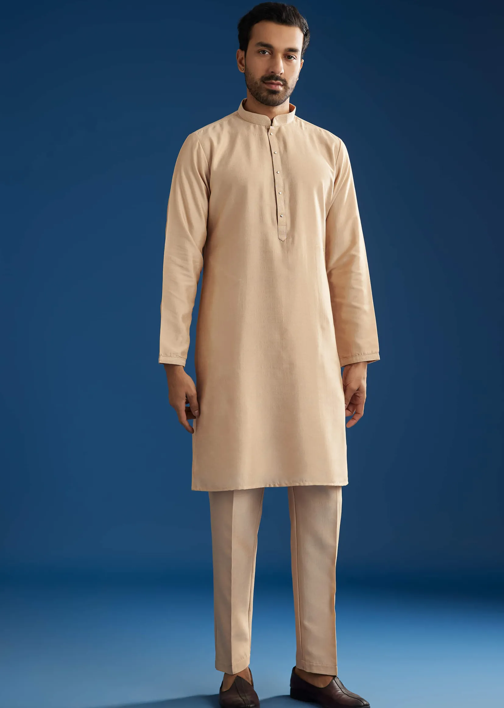 Peach Cotton Silk Jacket Kurta Set With Mirror And Dori Work