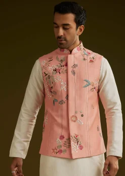 Peach Cotton Silk Kurta Set With Aari Work Jacket