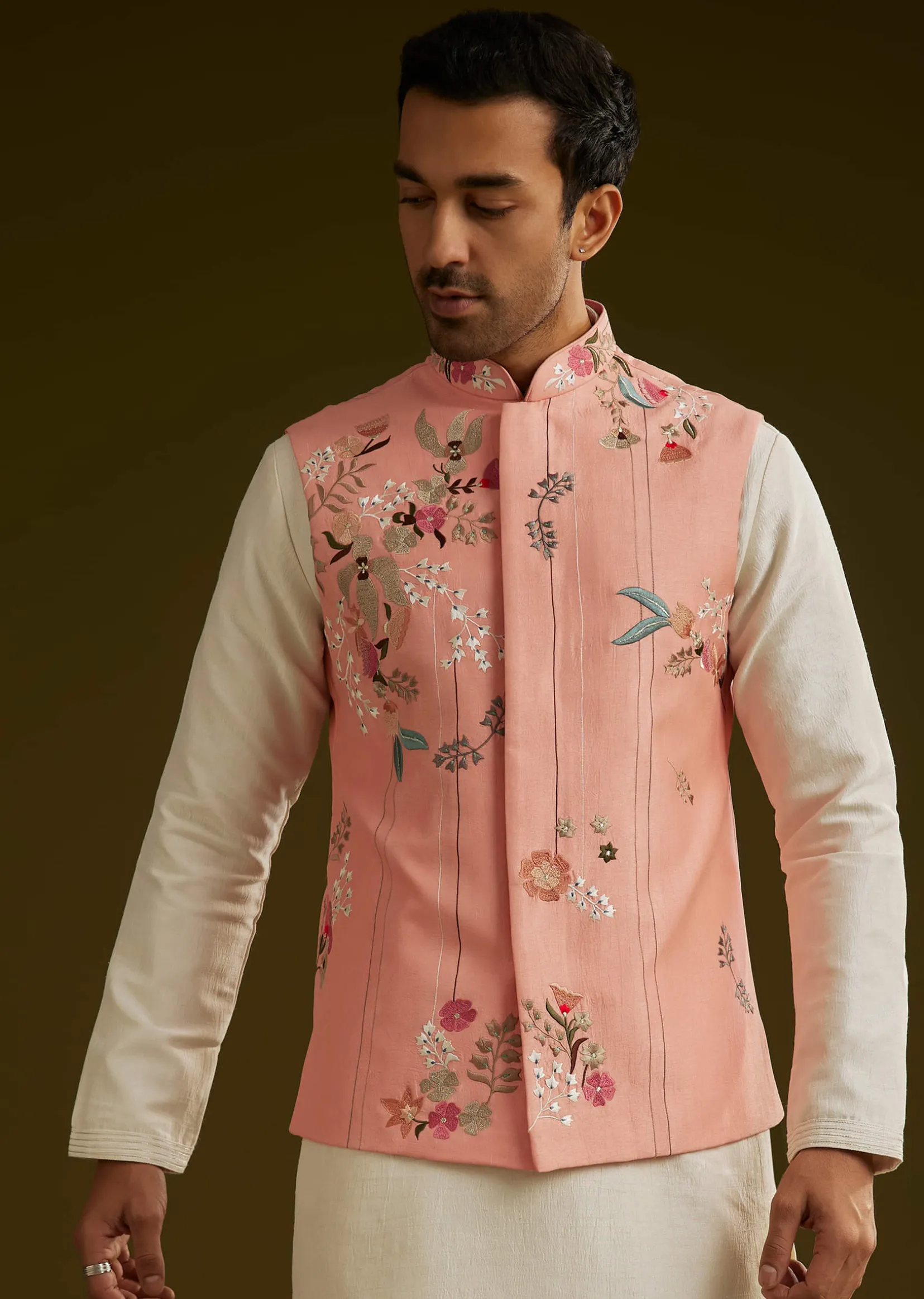 Peach Cotton Silk Kurta Set With Aari Work Jacket