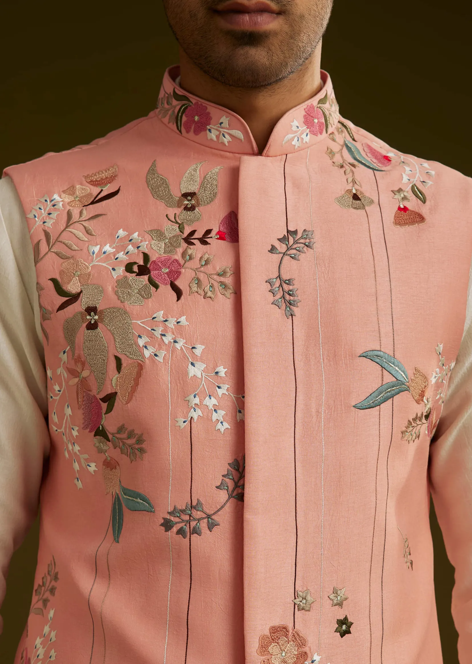 Peach Cotton Silk Kurta Set With Aari Work Jacket