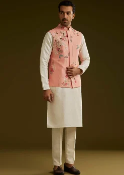 Peach Cotton Silk Kurta Set With Aari Work Jacket