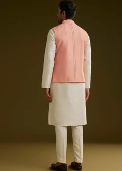 Peach Cotton Silk Kurta Set With Aari Work Jacket