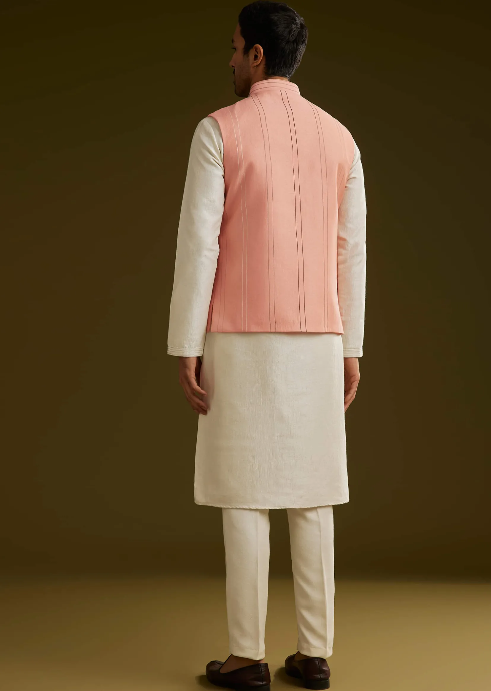Peach Cotton Silk Kurta Set With Aari Work Jacket