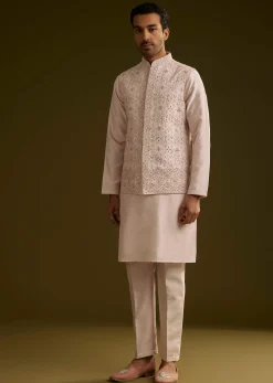Peach Cotton Silk Kurta Set With Geometric Threadwork Jacket