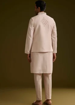 Peach Cotton Silk Kurta Set With Geometric Threadwork Jacket