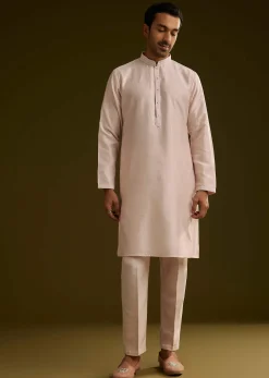 Peach Cotton Silk Kurta Set With Geometric Threadwork Jacket