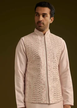 Peach Cotton Silk Kurta With Mirror Threadwork Jacket