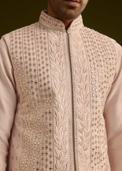 Peach Cotton Silk Kurta With Mirror Threadwork Jacket
