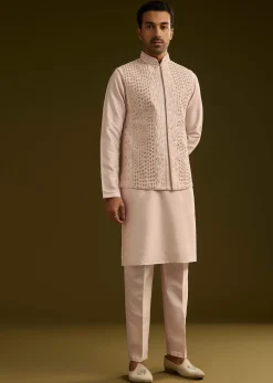 Peach Cotton Silk Kurta With Mirror Threadwork Jacket