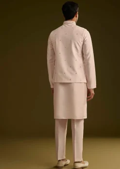 Peach Cotton Silk Kurta With Mirror Threadwork Jacket