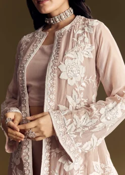 Peach Crop Top Set With Embroidered Organza Jacket