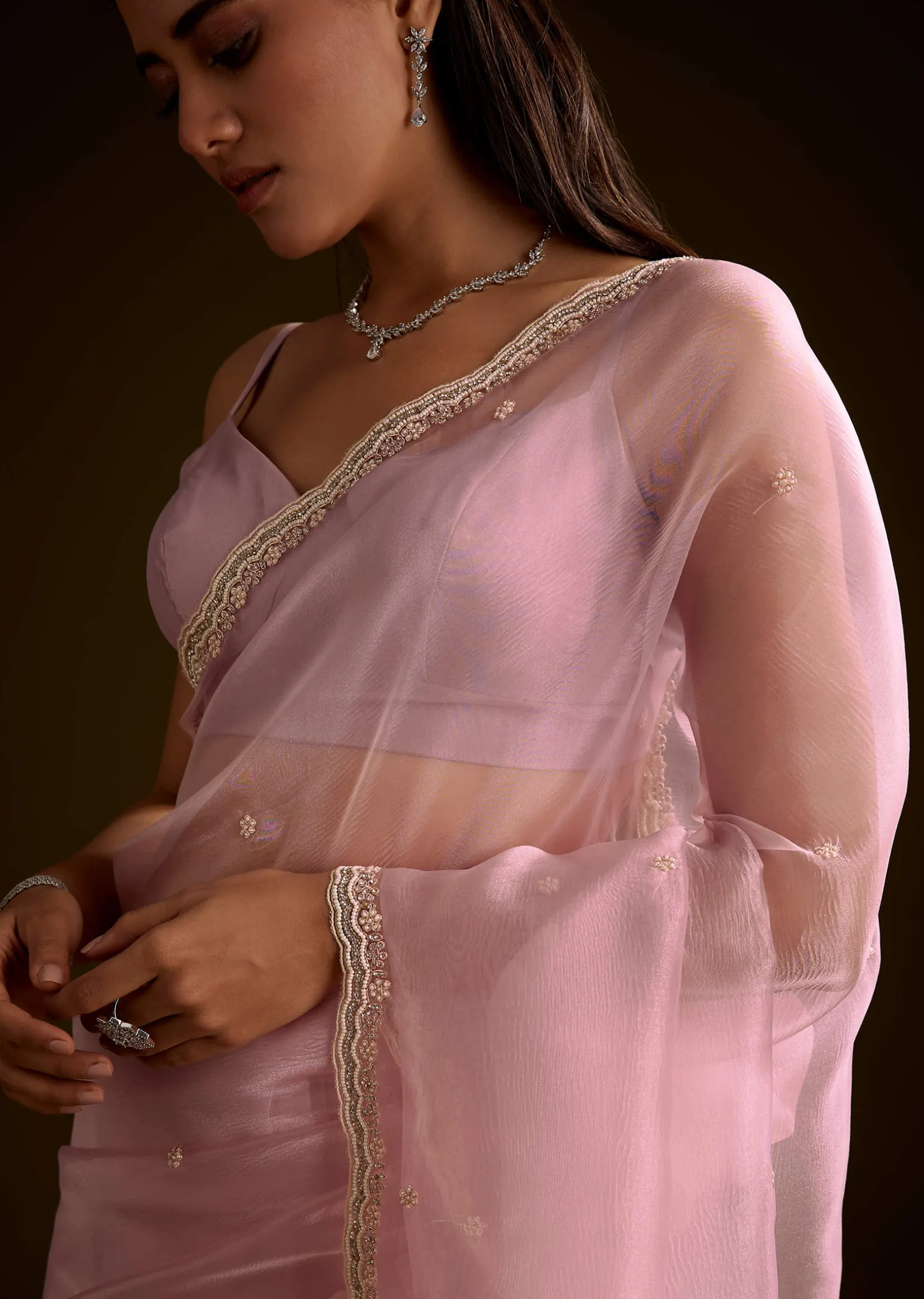 Peach Crush Tissue Saree With Stone And Moti Embroidery And Scallop Border