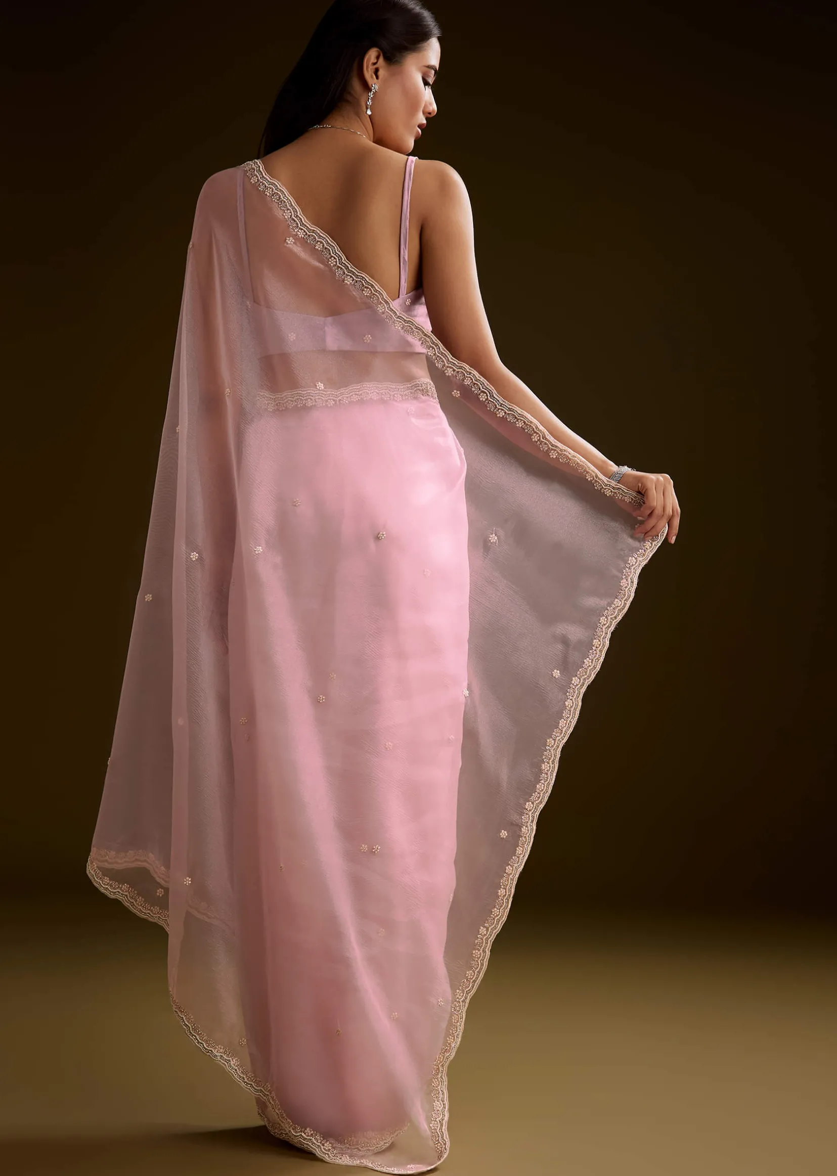 Peach Crush Tissue Saree With Stone And Moti Embroidery And Scallop Border