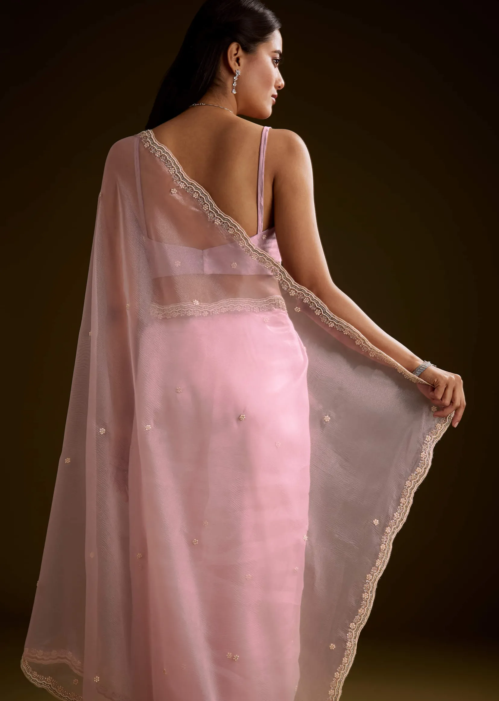 Peach Crush Tissue Saree With Stone And Moti Embroidery And Scallop Border