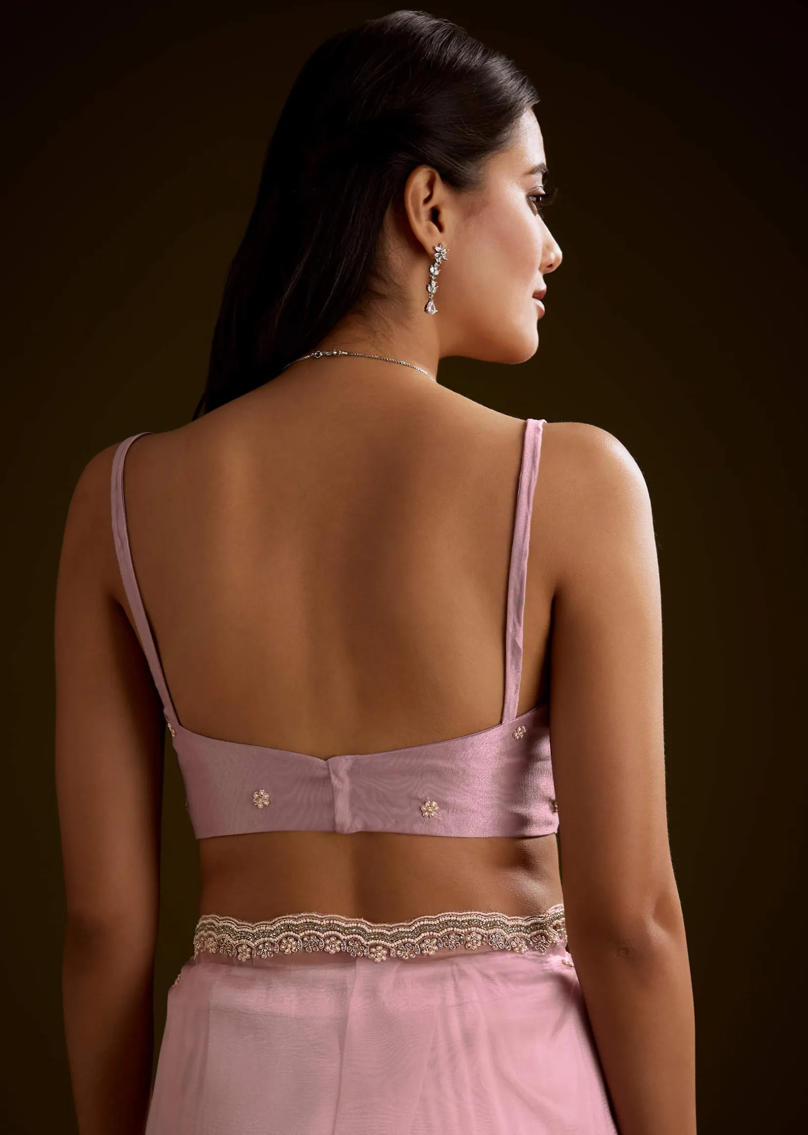 Peach Crush Tissue Saree With Stone And Moti Embroidery And Scallop Border