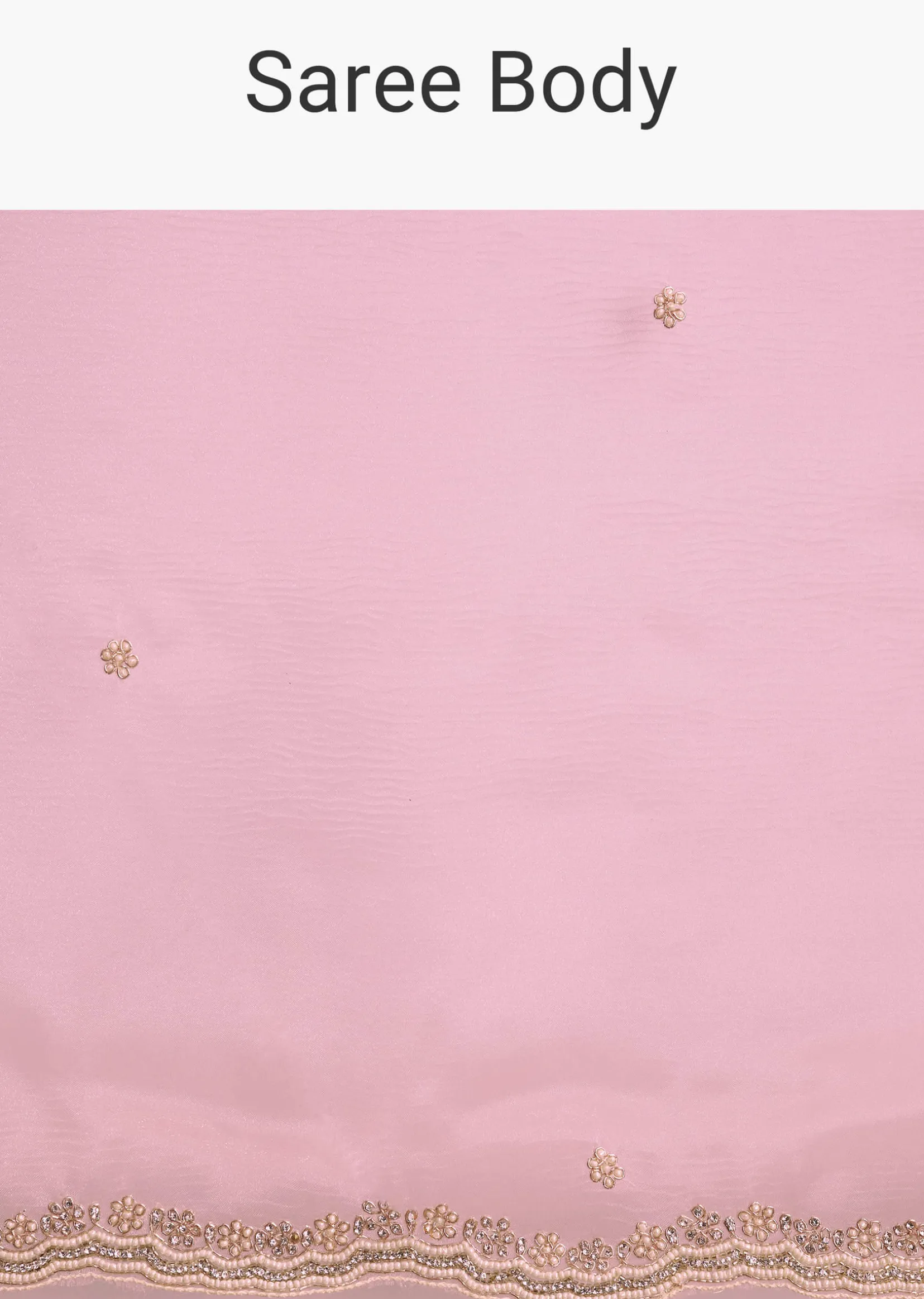 Peach Crush Tissue Saree With Stone And Moti Embroidery And Scallop Border