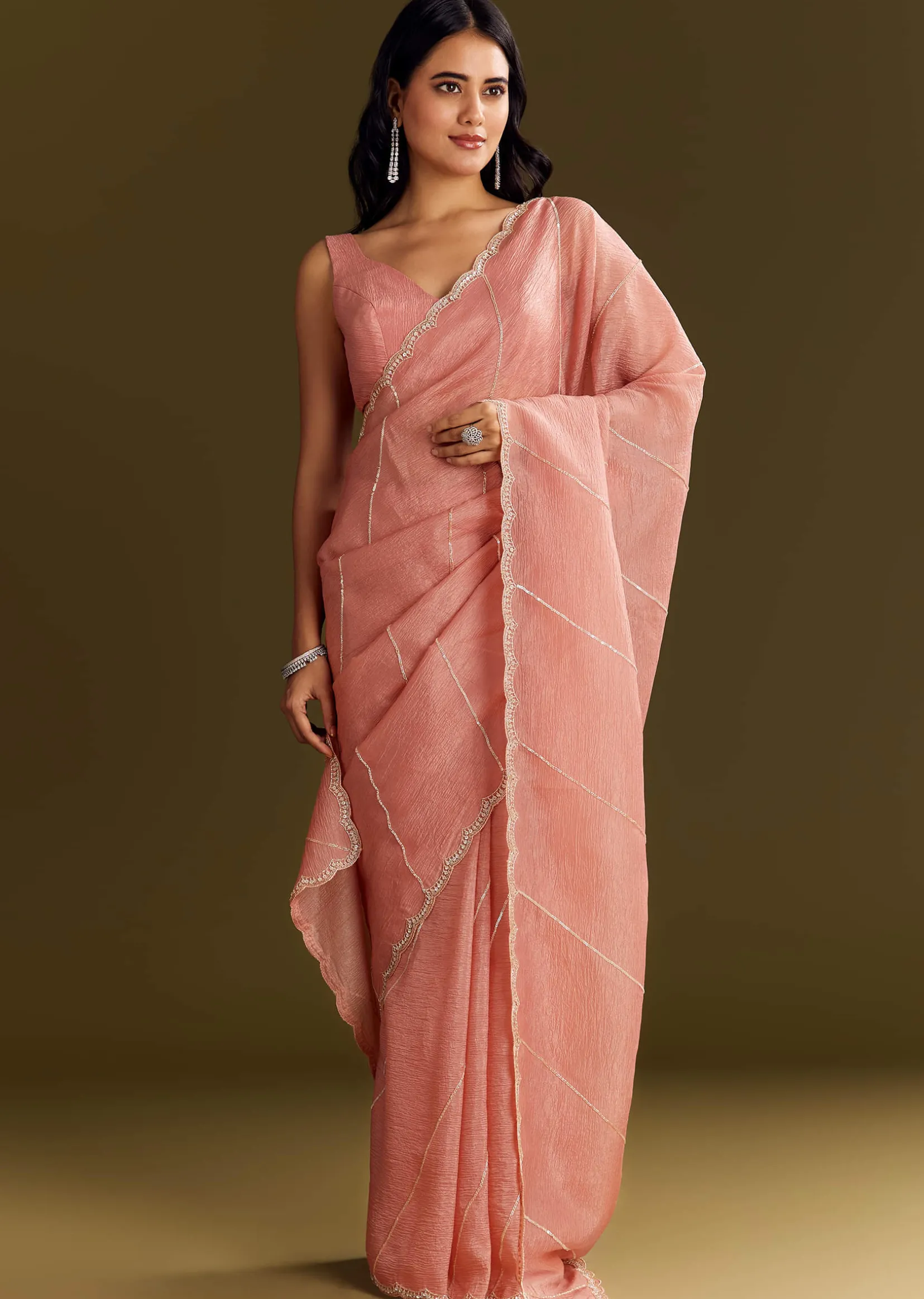 Peach Crush Tissue Saree With Cutdana And Beads Scallop Border