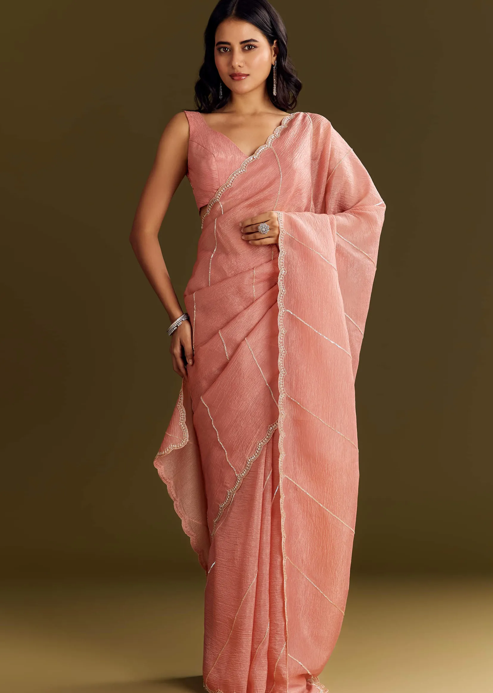 Peach Crush Tissue Saree With Cutdana And Beads Scallop Border
