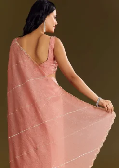 Peach Crush Tissue Saree With Cutdana And Beads Scallop Border