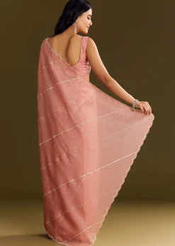 Peach Crush Tissue Saree With Cutdana And Beads Scallop Border