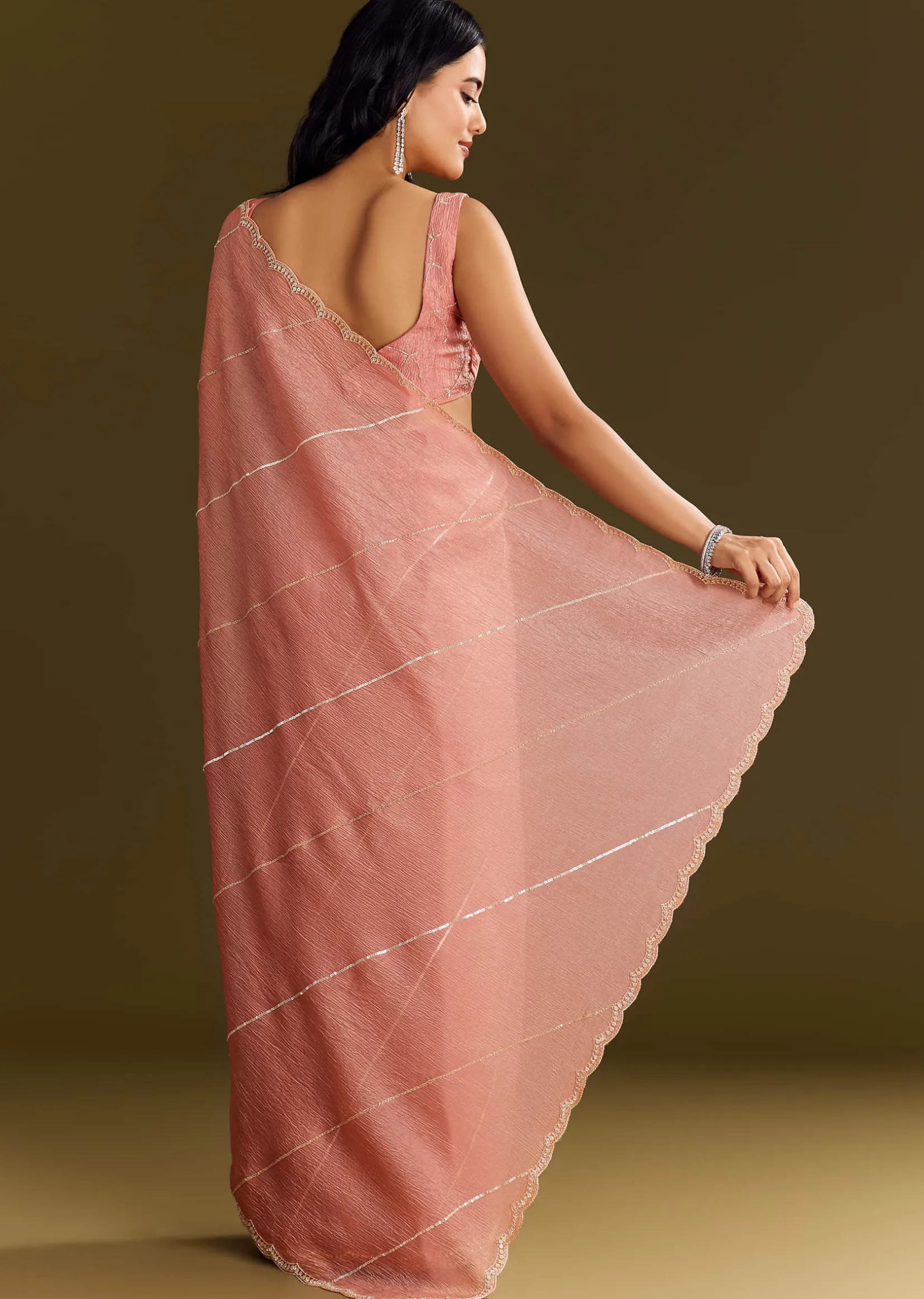 Peach Crush Tissue Saree With Cutdana And Beads Scallop Border
