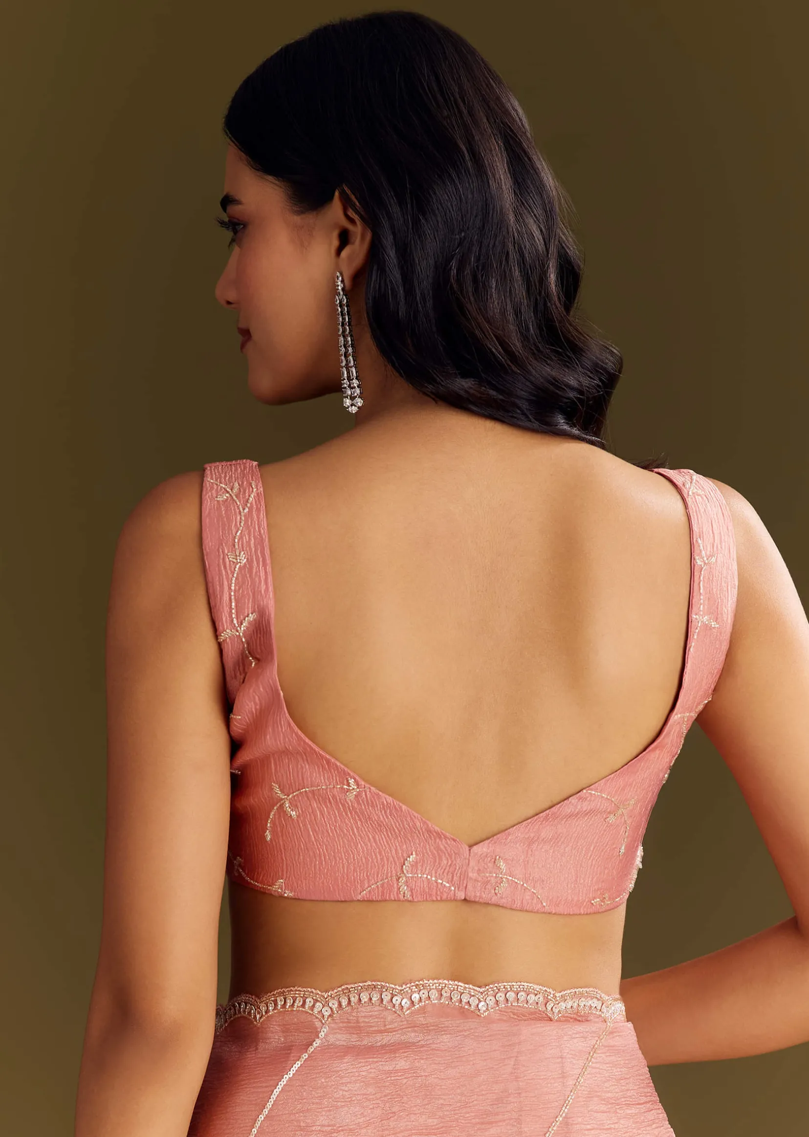 Peach Crush Tissue Saree With Cutdana And Beads Scallop Border