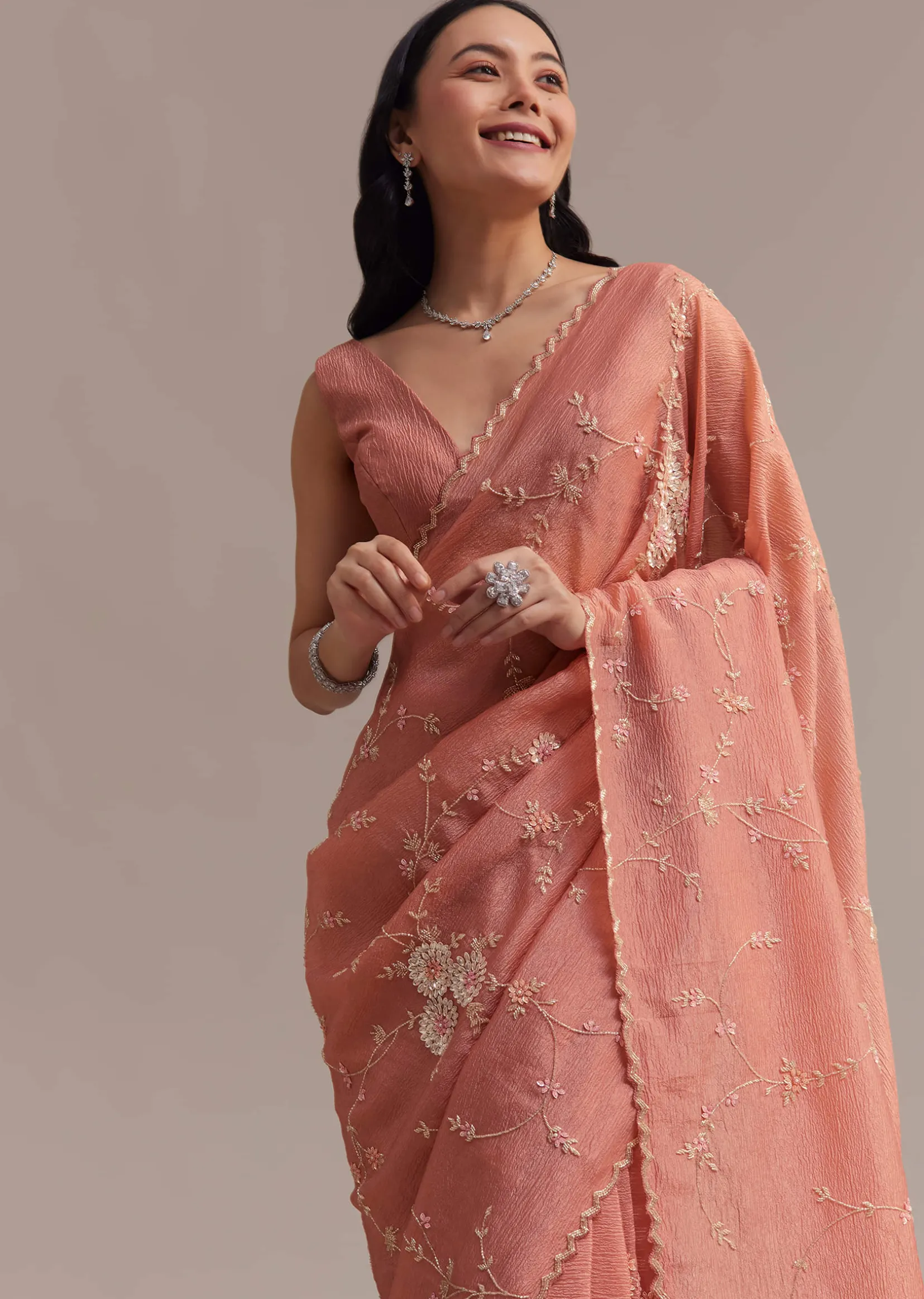 Peach Crushed Tissue Saree With Cutdana And Sequins Jaal Work