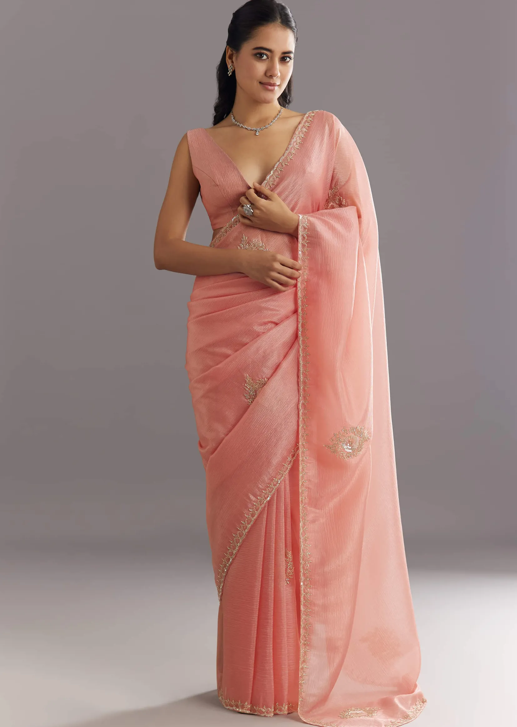 Peach Crushed Tissue Saree With Cutdana And Sequins Embroidery
