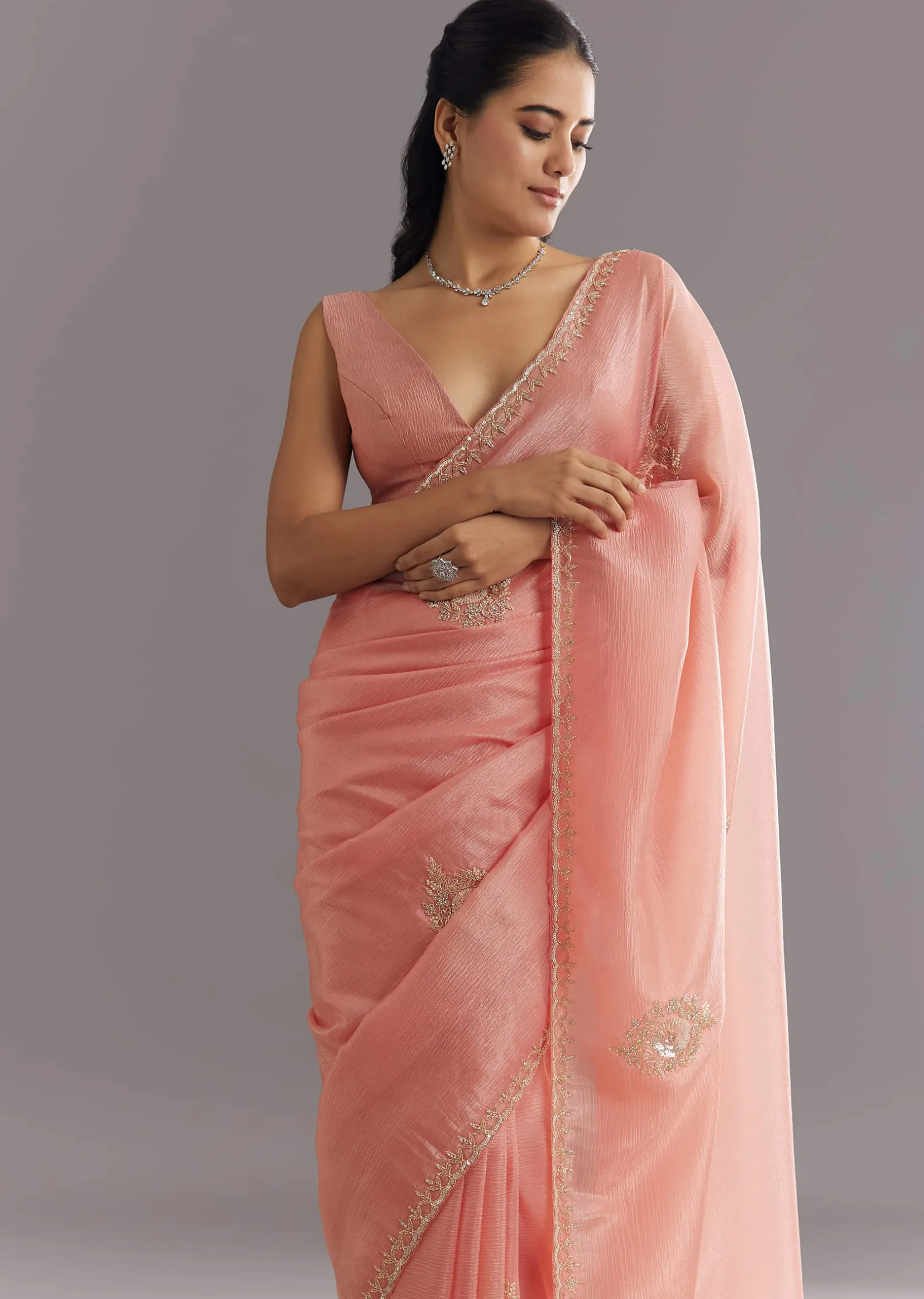 Peach Crushed Tissue Saree With Cutdana And Sequins Embroidery