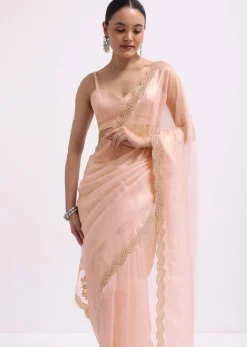 Peach Cutdana Embroidered Tissue Saree With Unstitched Blouse