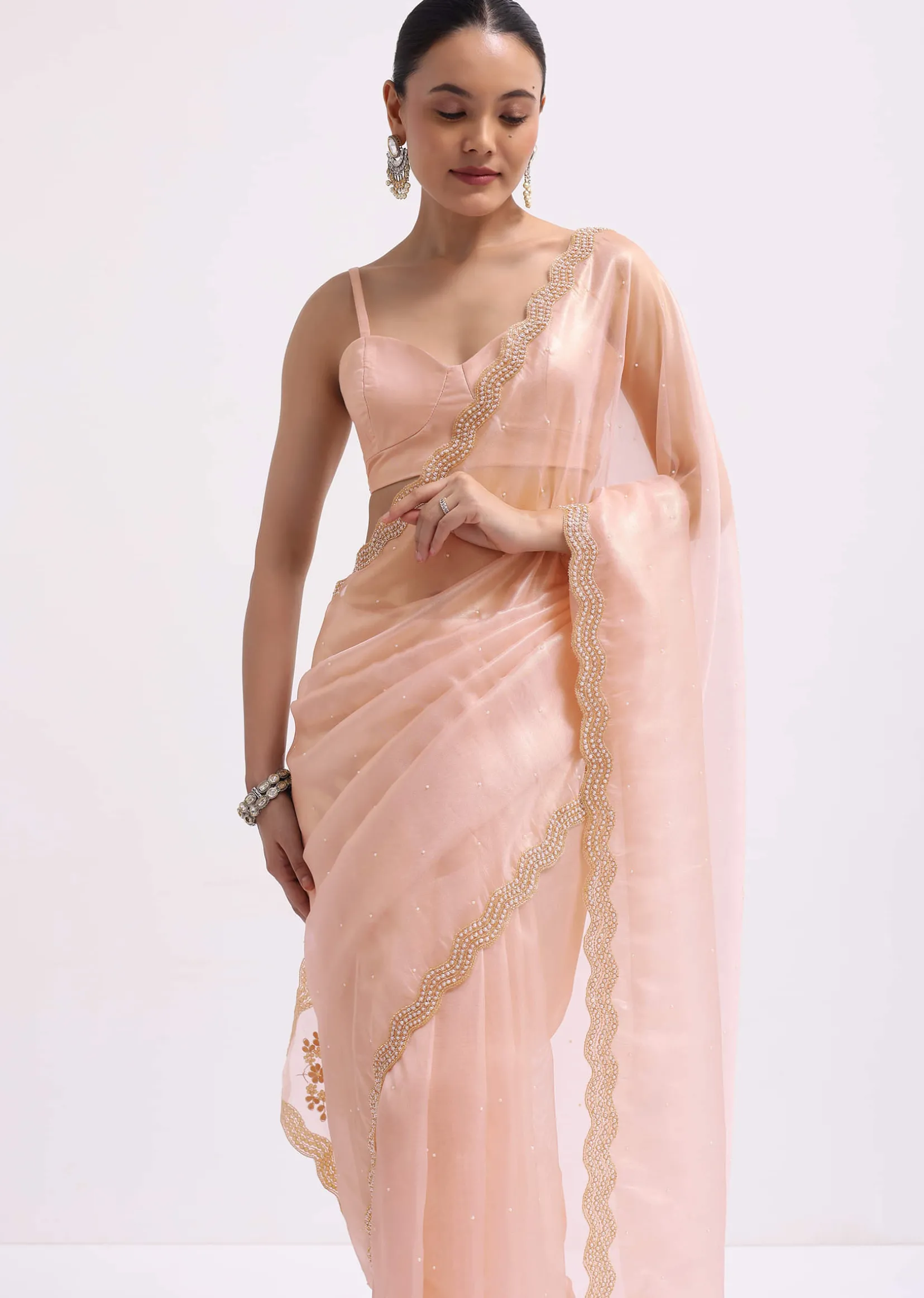 Peach Cutdana Embroidered Tissue Saree With Unstitched Blouse
