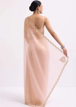 Peach Cutdana Embroidered Tissue Saree With Unstitched Blouse